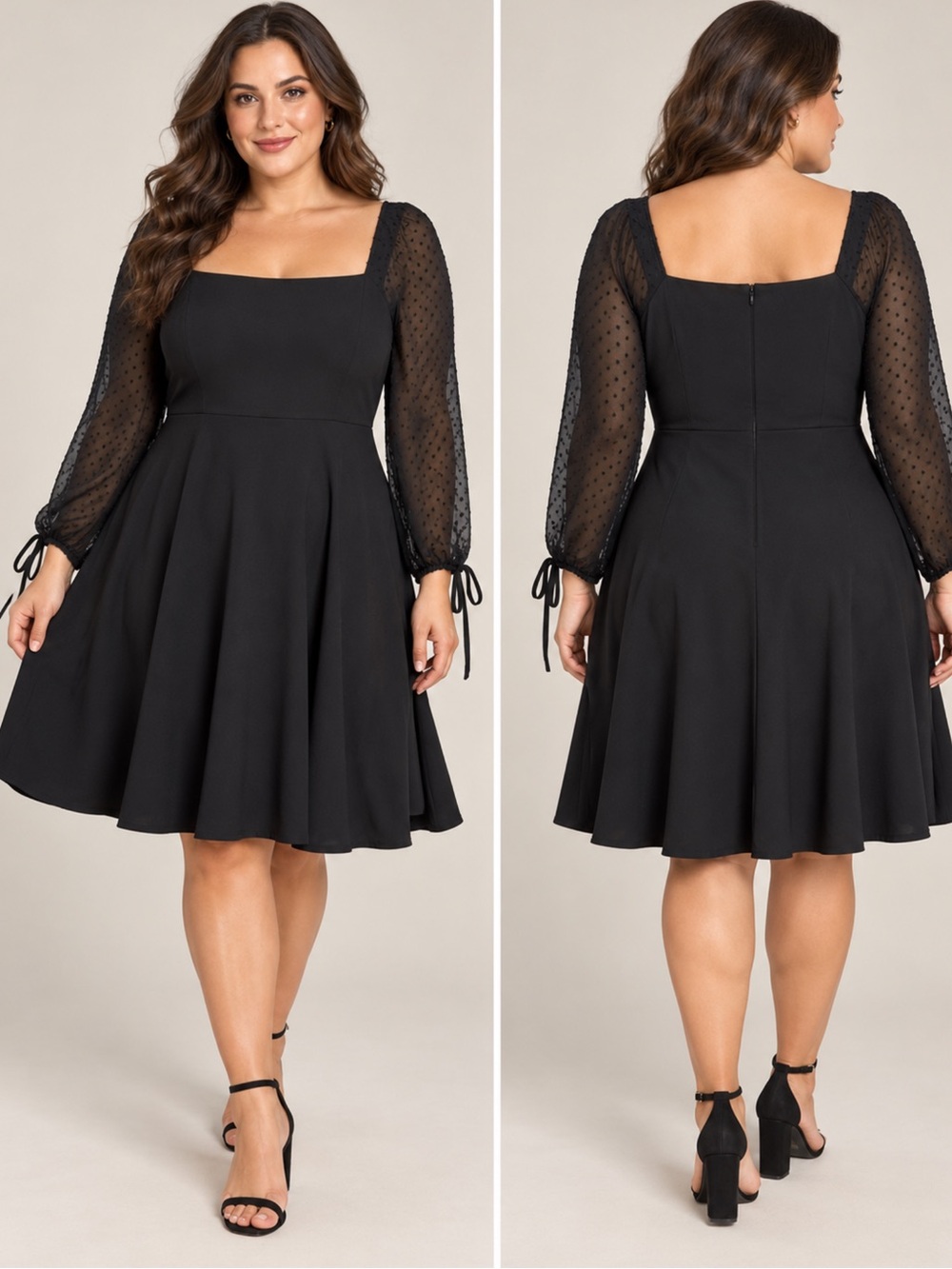 Five Editions Black Fit & Flare Dress Size 16 Sheer Swiss Dot Long Sleeve